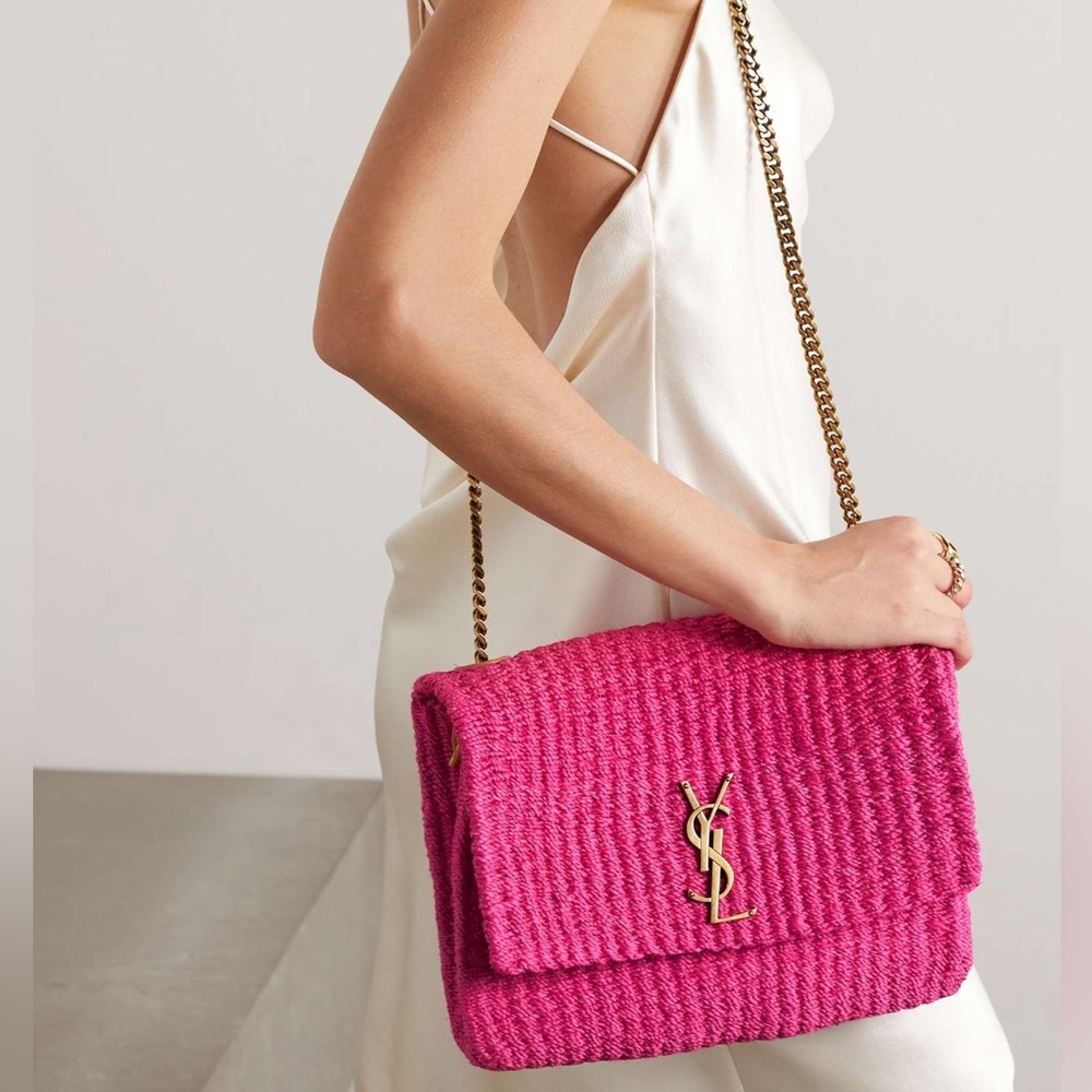 NEW Saint Laurent ﻿Medium Kate Raffia Shoulder Bag Pink Gold Crossbody $2850